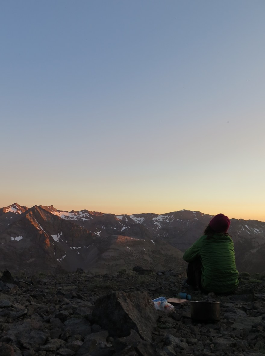 Veggie catches a sunset from our (so far) favorite campsite.