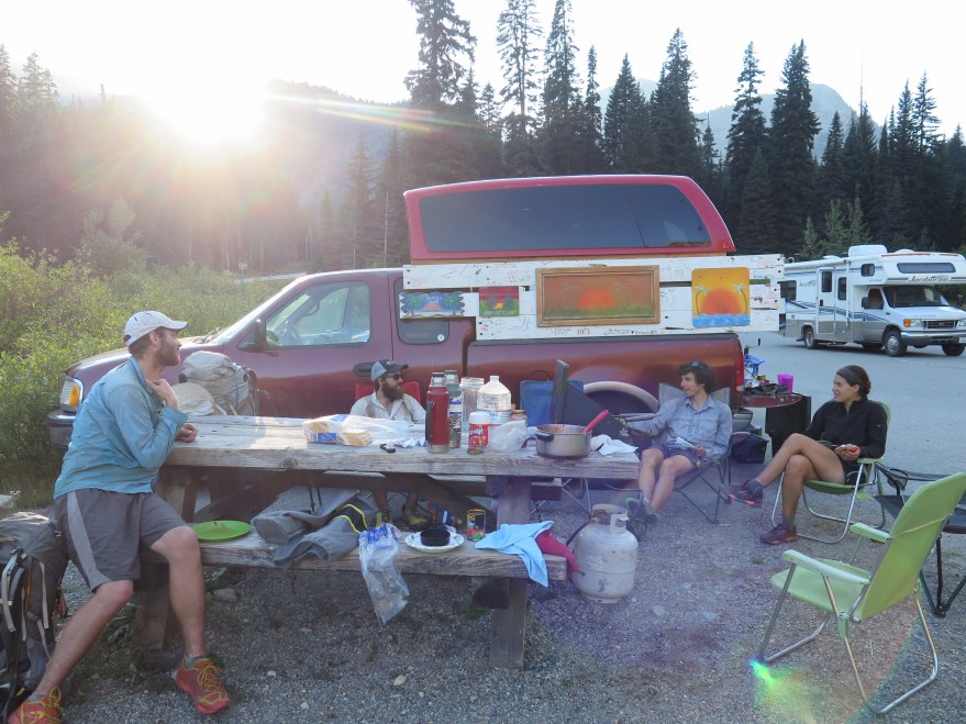 Trail Magic at Rainy Pass with Easy, B.K. and Prickly Pear.